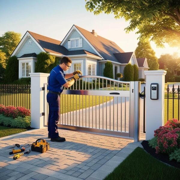 Automatic Gate Maintenance and Repairs by Auto Gate Guys Brisbane, technician servicing a residential gate with access control system.